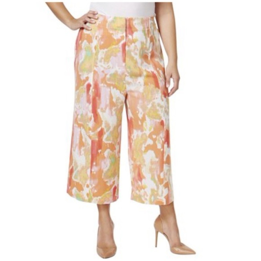 Melissa McCarthy Seven7 Peach Multi Abstract Cropped Wide-Leg Capris